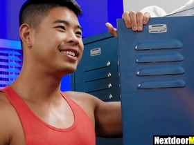 Asian jock gets a surprise when his big dick friend joins him for a workout. Their bareback, interracial encounter ignites a passionate gay anal session, showcasing muscular hunks and intense gay sex.
