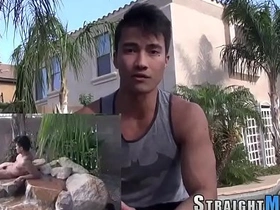 A muscular Asian hunk indulges in solo pleasure, showcasing his toned physique and impressive manhood. His skilled hand strokes his throbbing cock, culminating in a satisfying climax. This amateur gay video offers an intimate view of a hot jock's self-pleasure session.