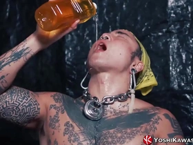Yoshikawasaki, a hunky Asian jock with a tattooed body and a big cock, indulges in hardcore fetish play. He pisses into a glass, downs it, then jerks off, climaxing on camera.