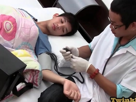 Asia twink gets his medical check-up by a hot doc. After a steamy exam, the doc barebacks him, filling Asia's tight ass with hot cum. This barebacking encounter leaves both gays thoroughly satisfied.