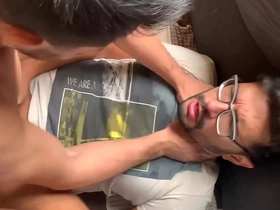 Marcos, a Brazilian hunk, hosts an amateur Asian stud for a wild bareback session. After a mind-blowing blowjob, they dive into intense, raw sex, culminating in a hot cumshot.