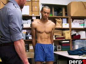 A young Asian guy got caught stealing in a store, but the security guard's punishment was different. He stripped him down and had a wild gay sex encounter, both first-timers enjoying it.